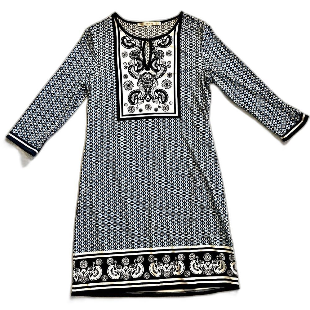 Studio M Black Blue and White Patterned Dress Women’s Size Medium